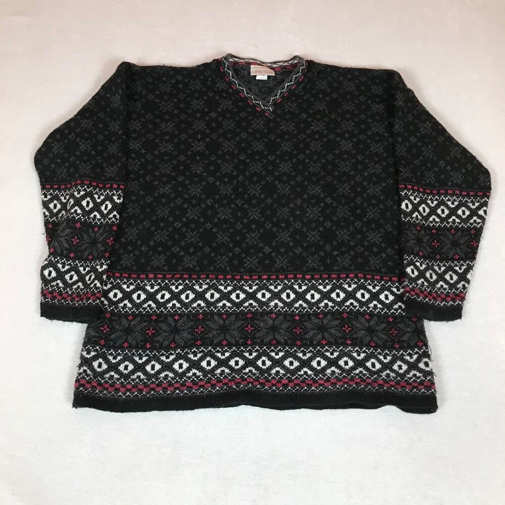 Vintage 90s Made In USA Laura Tyler V Neck Fair Isle Black Knit Sweater XL